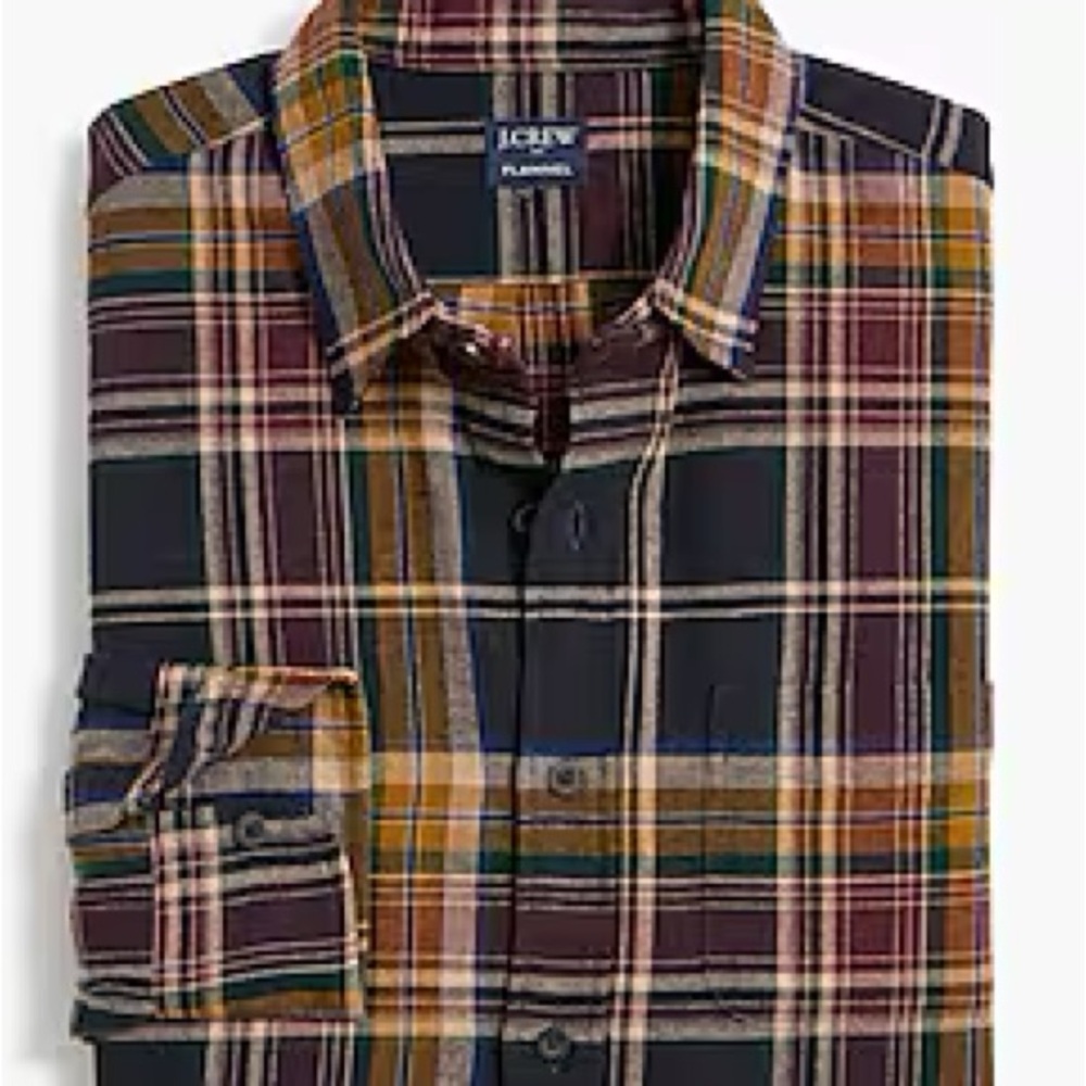 NWT J.Crew Men's Classic Fit Plaid Flannel Shirt Size Large Burgundy Nvy Mustard